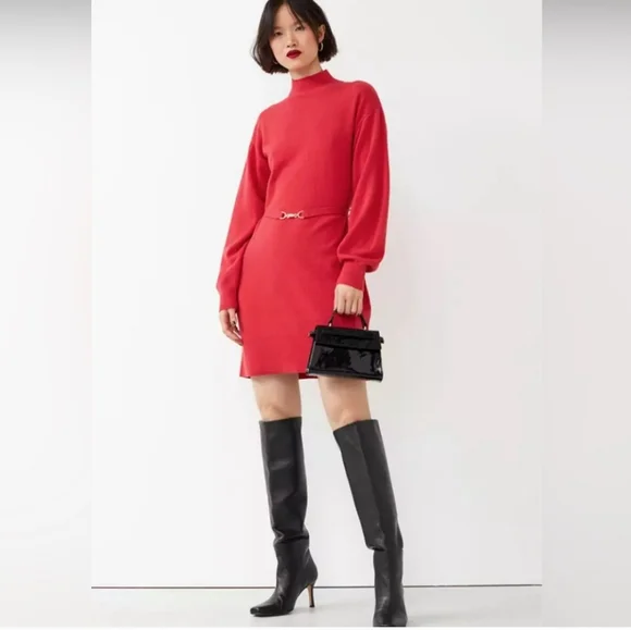 & Other Stories X Anthropologie Red Belted 100% Cashmere Mini Dress - Picture 2 of 12
